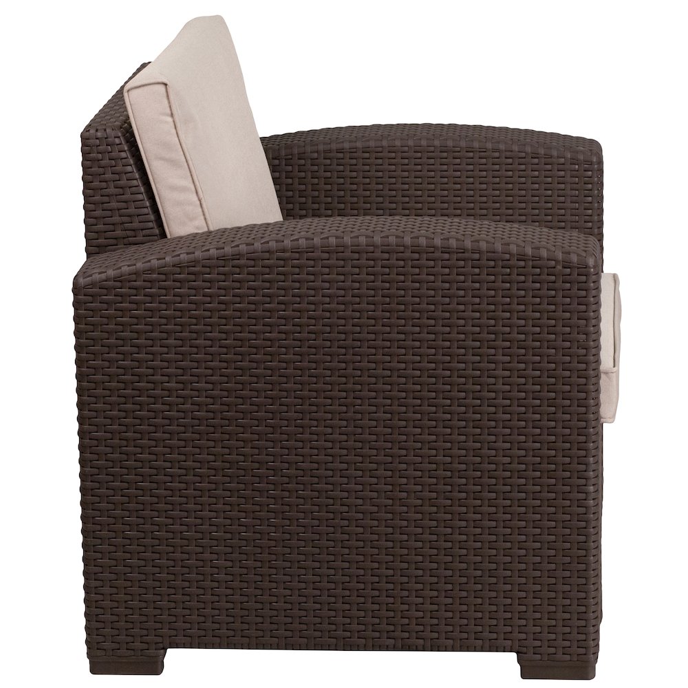 Chocolate Brown Faux Rattan Chair with All-Weather Beige Cushion. Picture 3