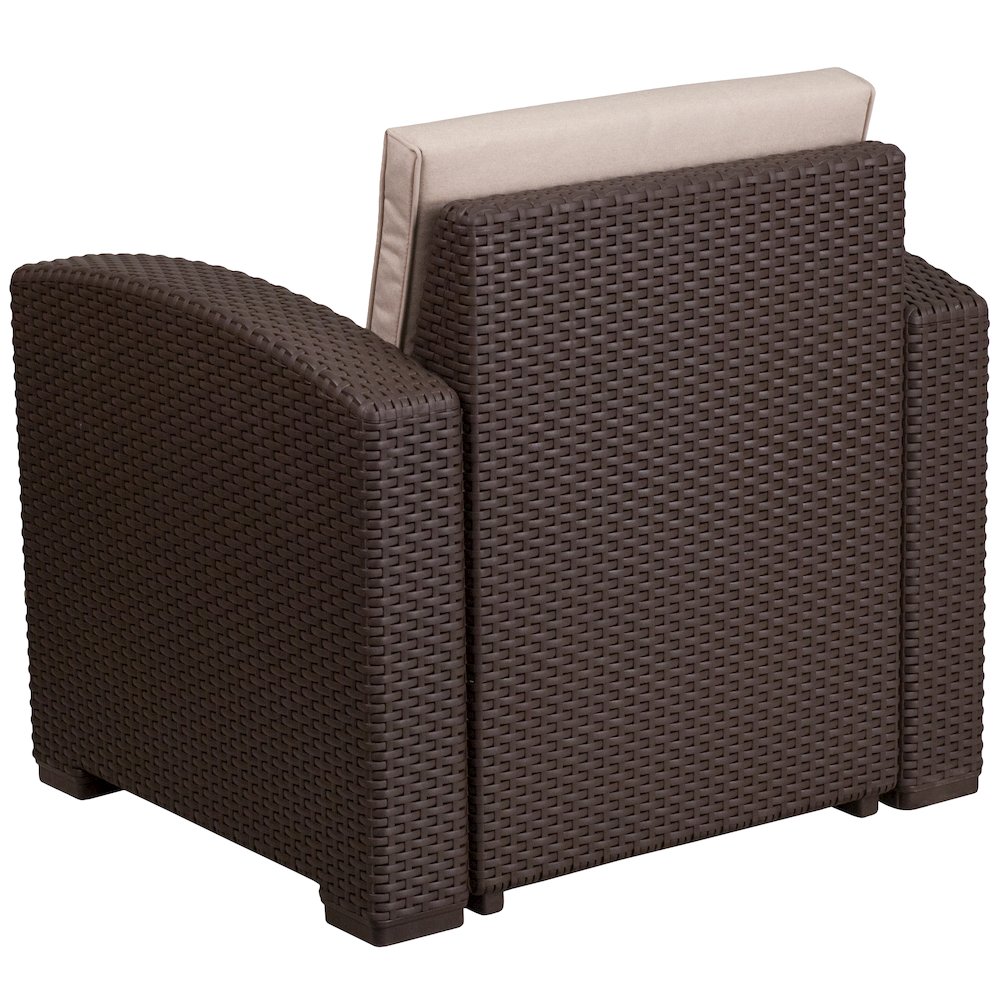 Chocolate Brown Faux Rattan Chair with All-Weather Beige Cushion. Picture 4