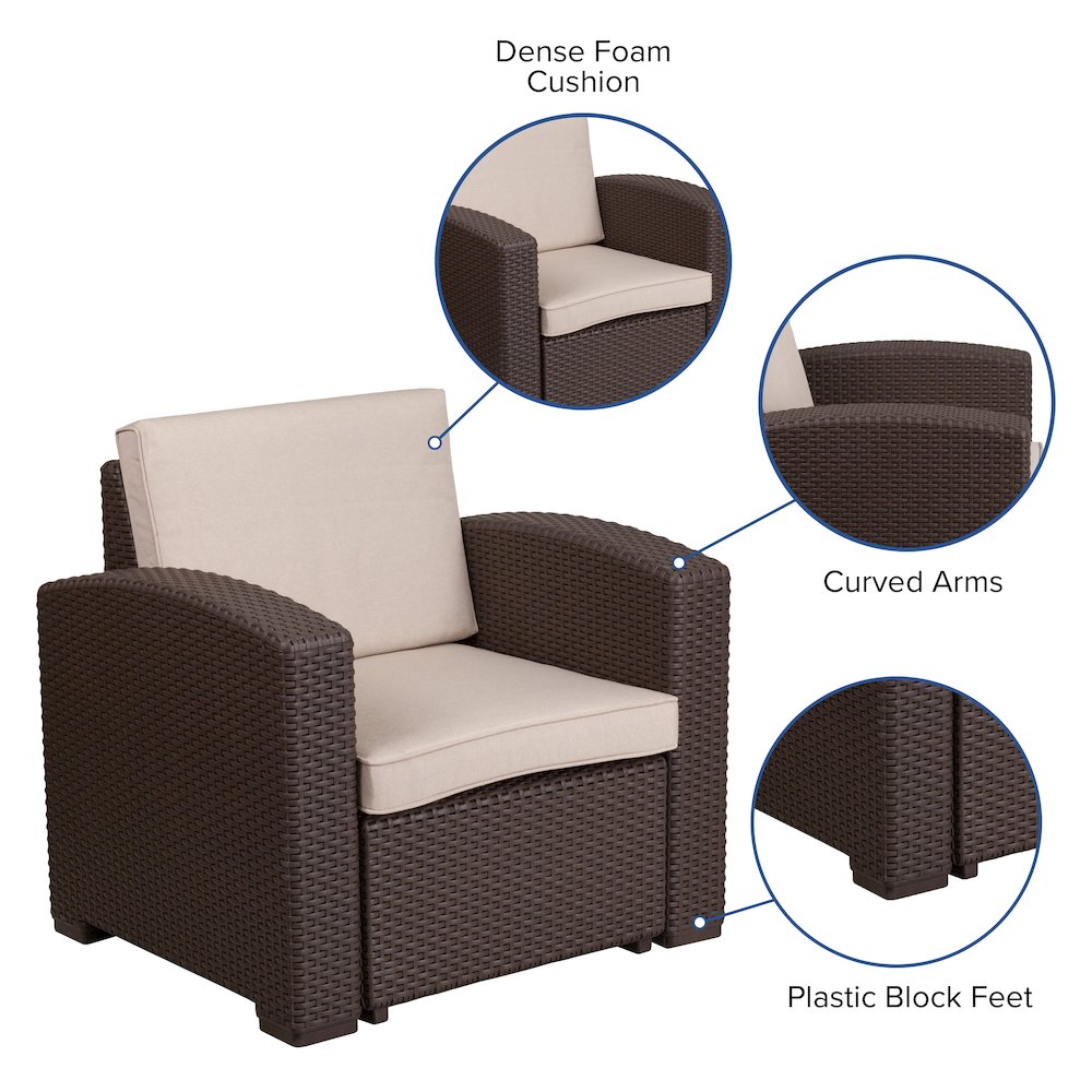 Chocolate Brown Faux Rattan Chair with All-Weather Beige Cushion. Picture 4