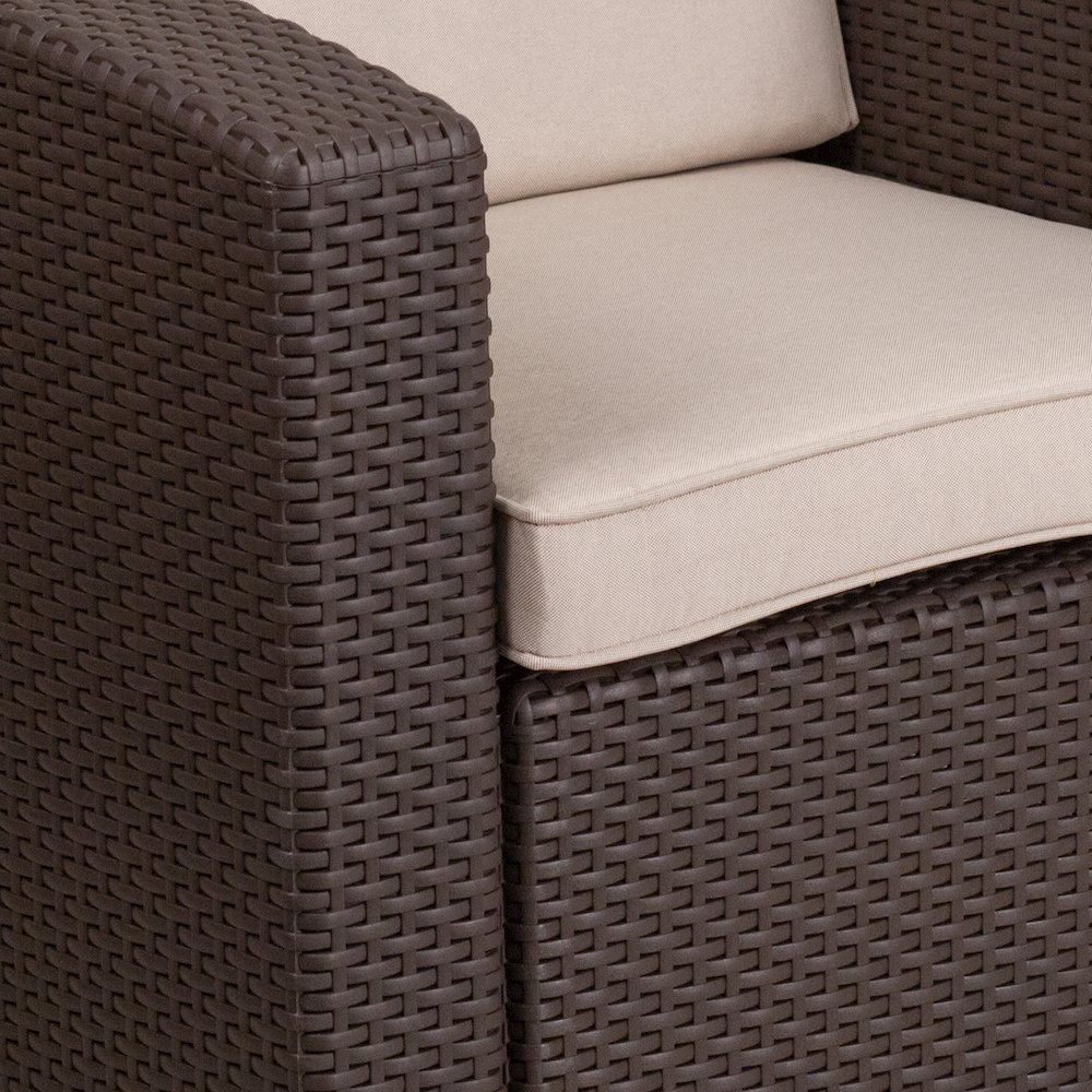 Chocolate Brown Faux Rattan Chair with All-Weather Beige Cushion. Picture 6