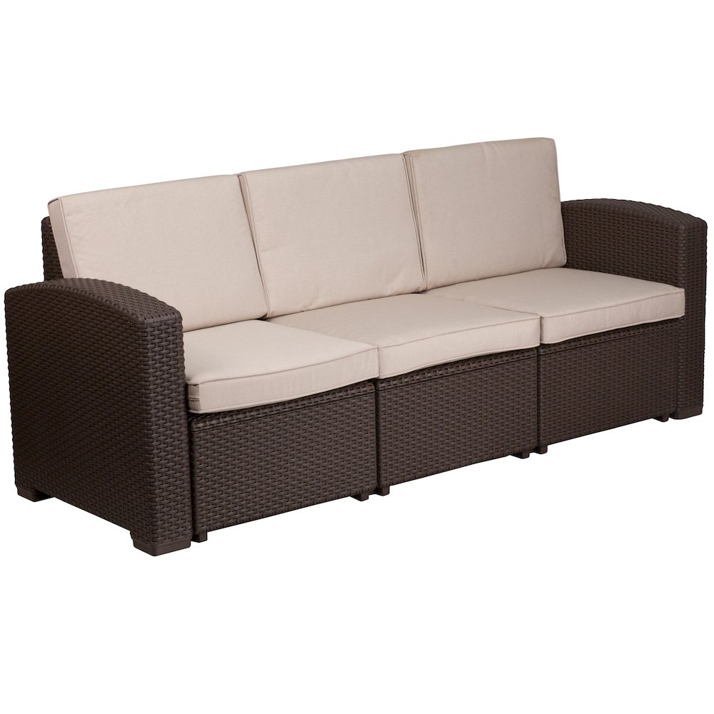 Chocolate Brown Faux Rattan Sofa with All-Weather Beige Cushions. Picture 1