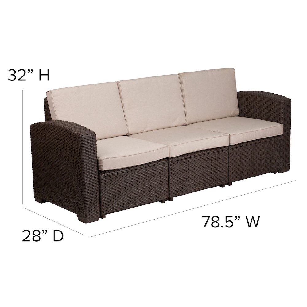 Chocolate Brown Faux Rattan Sofa with All-Weather Beige Cushions. Picture 5