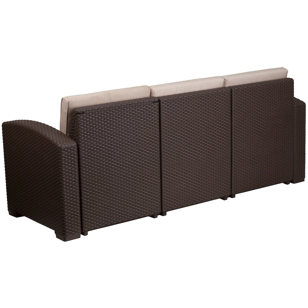 Chocolate Brown Faux Rattan Sofa with All-Weather Beige Cushions. Picture 6