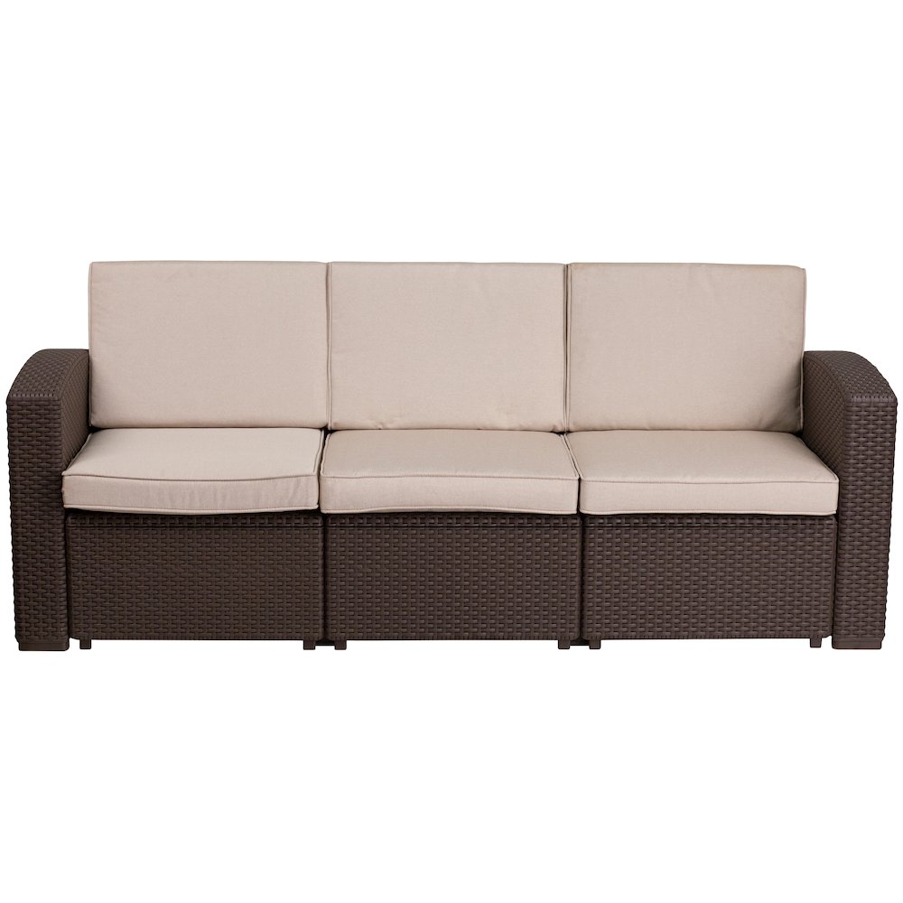 Chocolate Brown Faux Rattan Sofa with All-Weather Beige Cushions. Picture 8