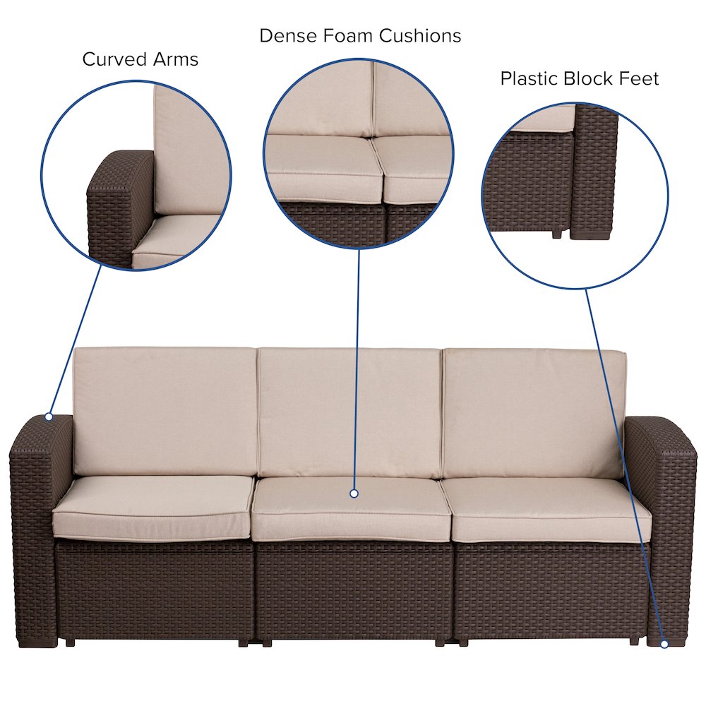 Chocolate Brown Faux Rattan Sofa with All-Weather Beige Cushions. Picture 4