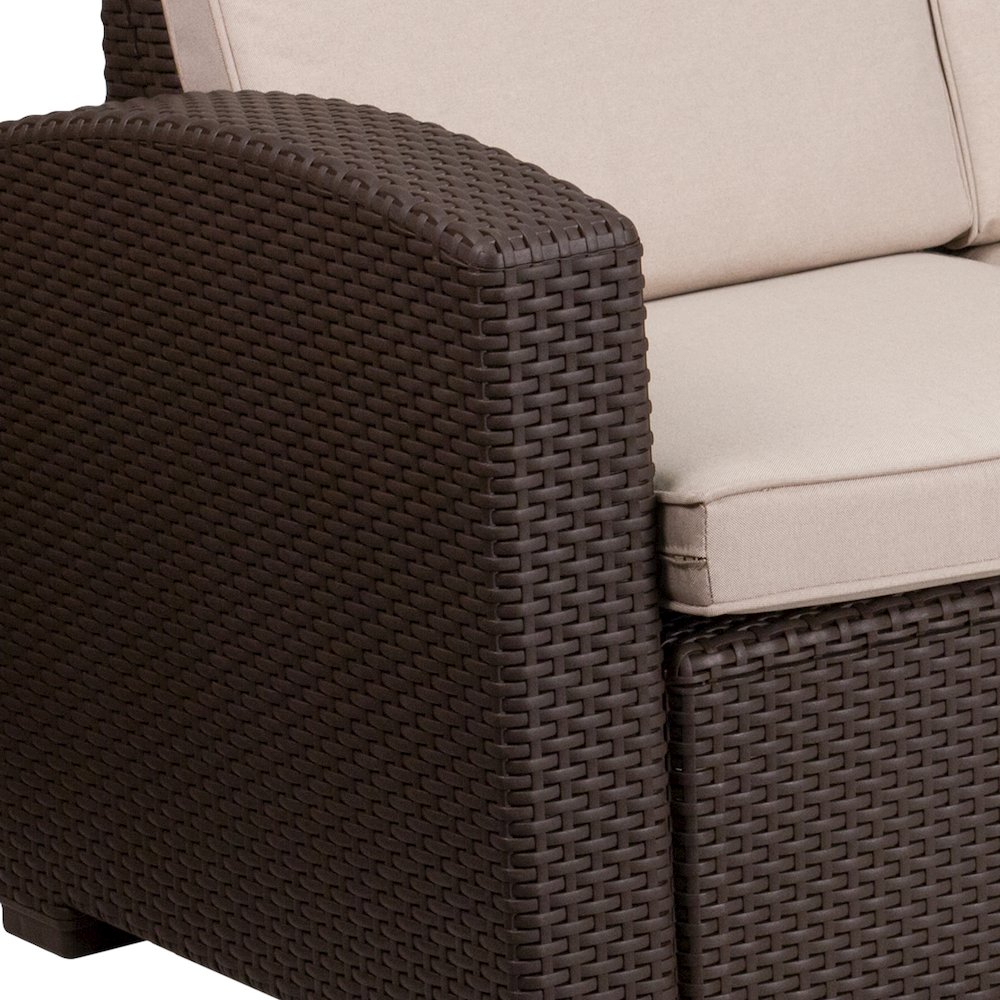 Chocolate Brown Faux Rattan Sofa with All-Weather Beige Cushions. Picture 9