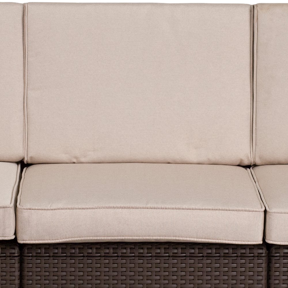 Chocolate Brown Faux Rattan Sofa with All-Weather Beige Cushions. Picture 7
