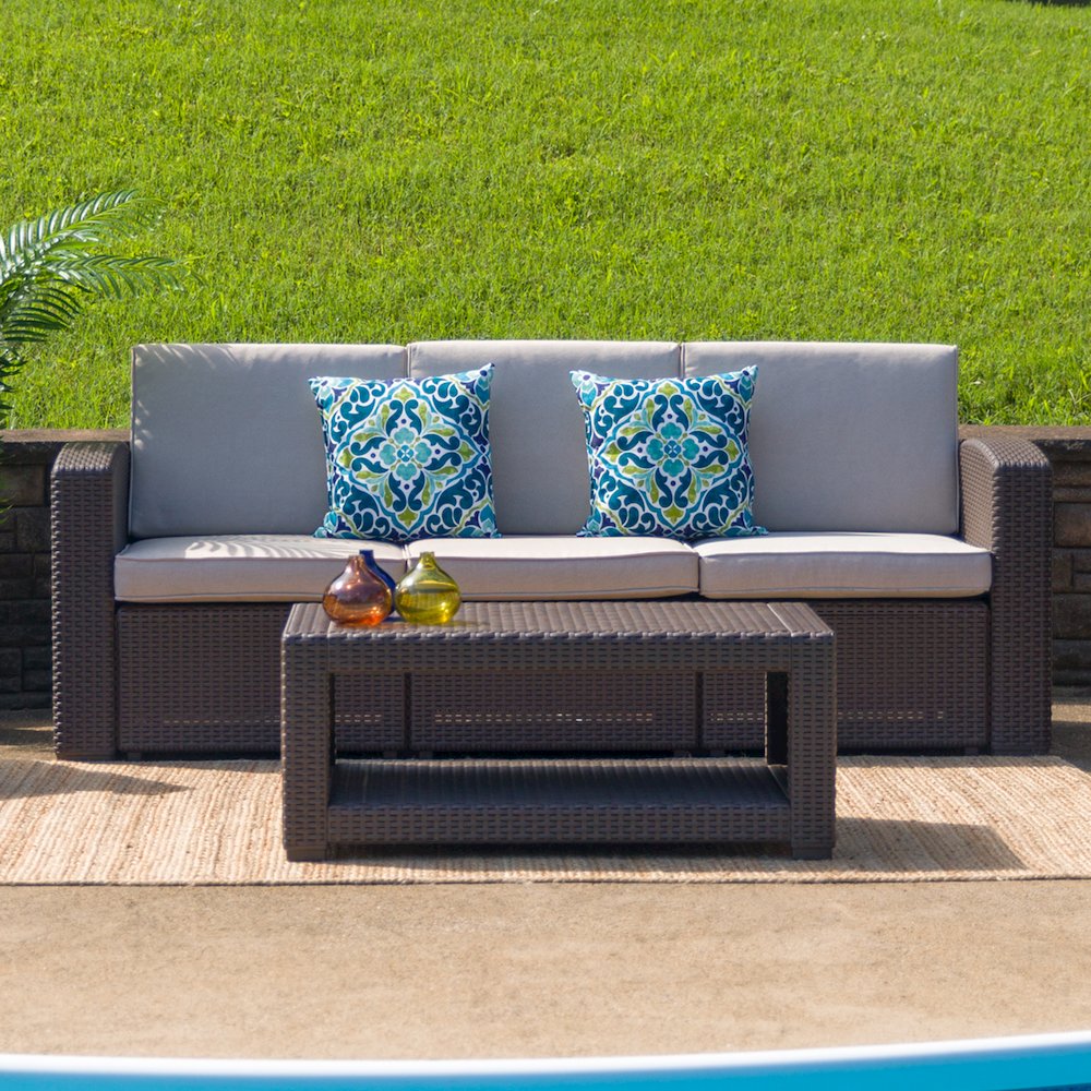 Chocolate Brown Faux Rattan Sofa with All-Weather Beige Cushions. Picture 2