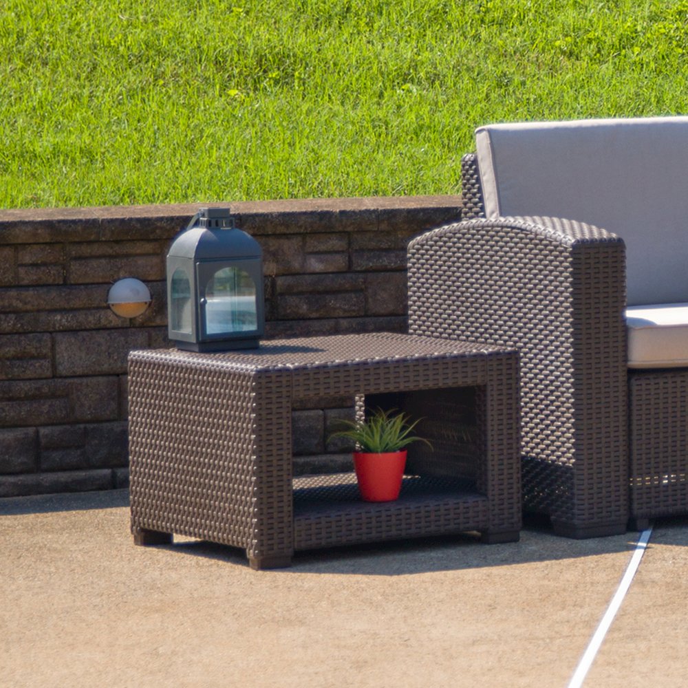 Chocolate Brown Faux Rattan End Table. Picture 3