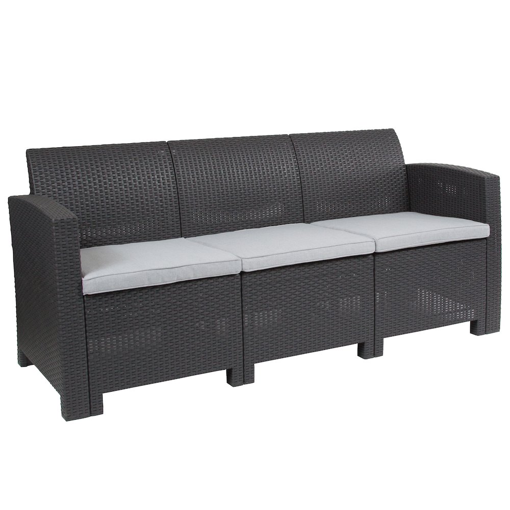 Dark Gray Faux Rattan Sofa with All-Weather Seneca Light Gray Cushions. Picture 1