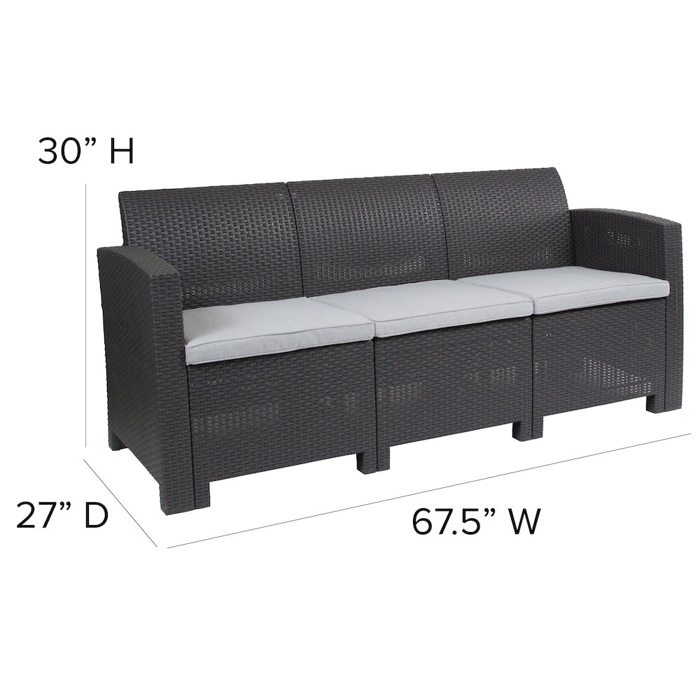 Dark Gray Faux Rattan Sofa with All-Weather Seneca Light Gray Cushions. Picture 5