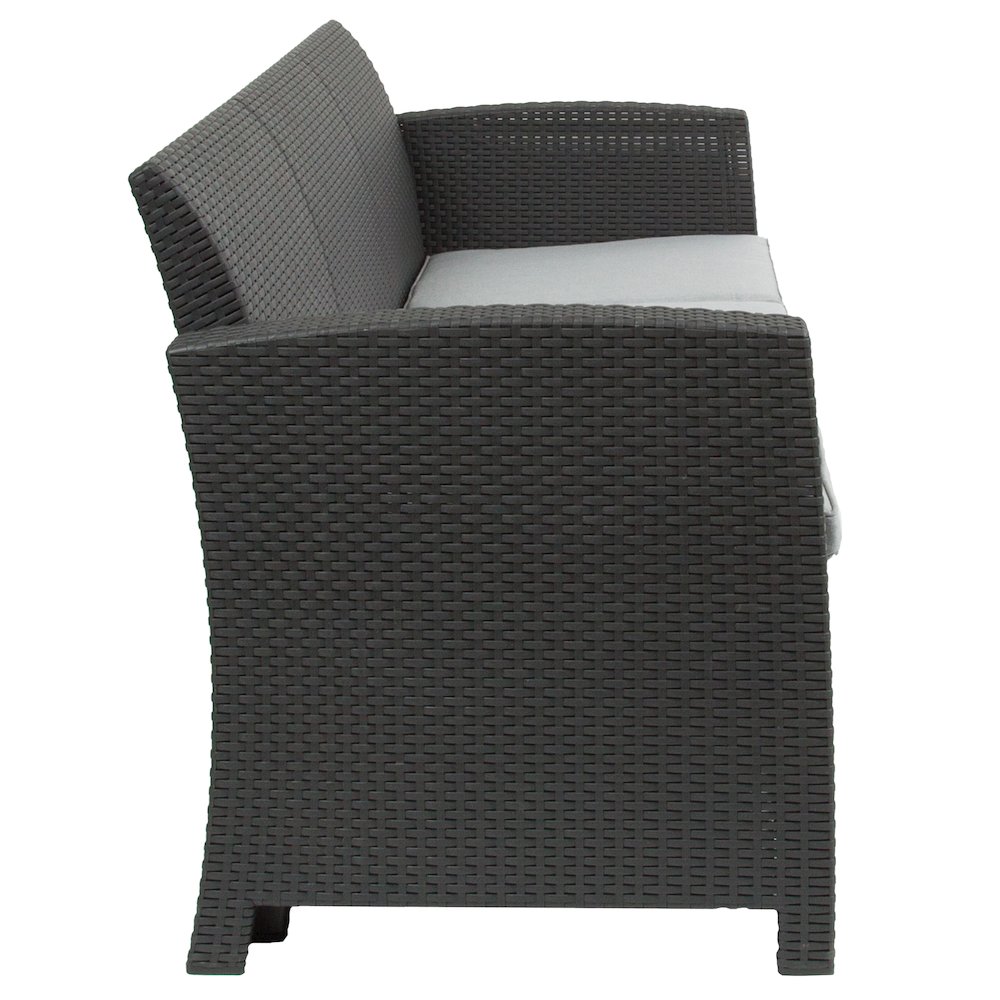 Dark Gray Faux Rattan Sofa with All-Weather Seneca Light Gray Cushions. Picture 8