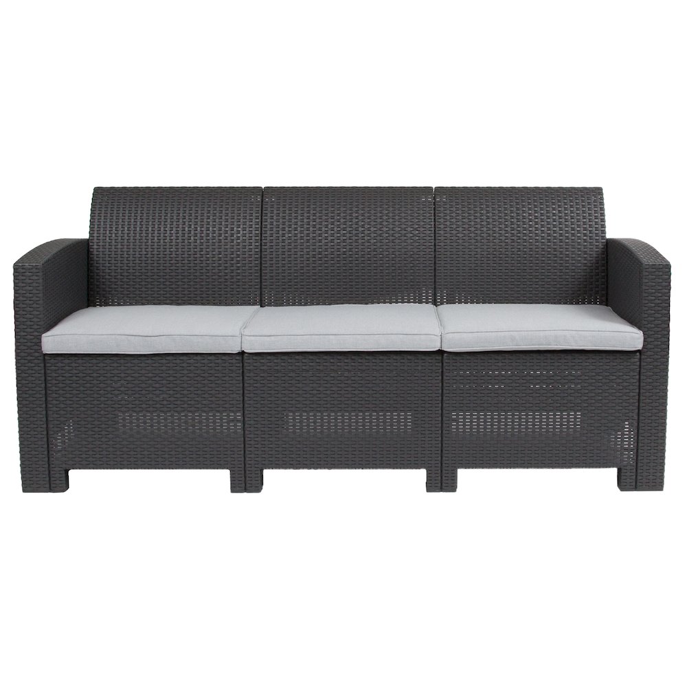 Dark Gray Faux Rattan Sofa with All-Weather Seneca Light Gray Cushions. Picture 9