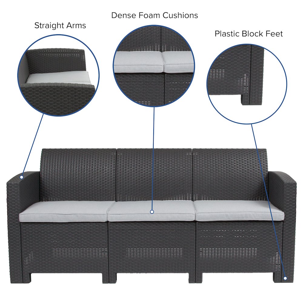 Dark Gray Faux Rattan Sofa with All-Weather Seneca Light Gray Cushions. Picture 4