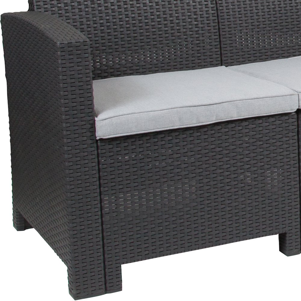 Dark Gray Faux Rattan Sofa with All-Weather Seneca Light Gray Cushions. Picture 10