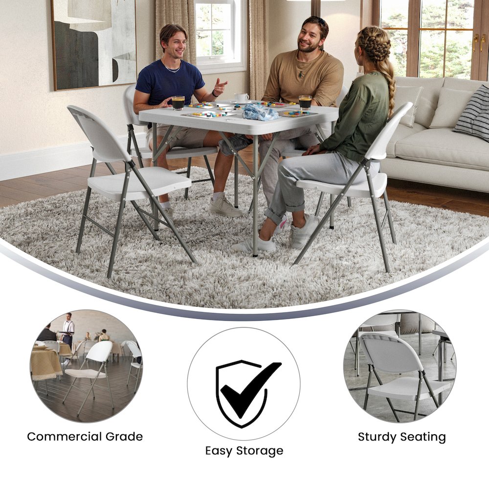 HERCULES Series White Plastic Folding Chairs | Set of 2 Lightweight Folding Chairs with Gray Frame. Picture 6
