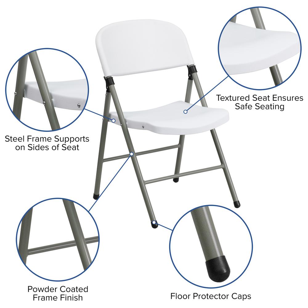 330 lb. Capacity White Plastic Folding Chair with Gray Frame. Picture 15