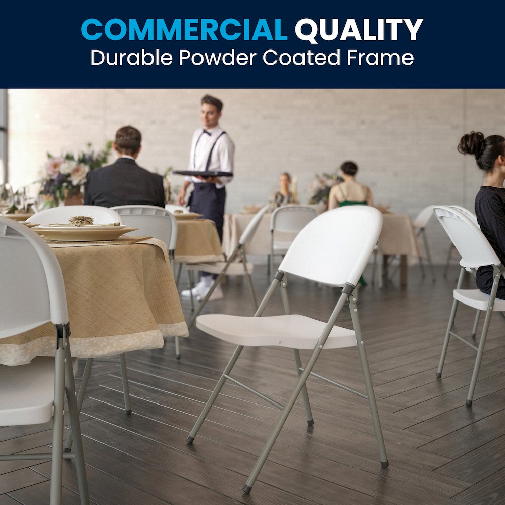 HERCULES Series White Plastic Folding Chairs | Set of 2 Lightweight Folding Chairs with Gray Frame. Picture 2