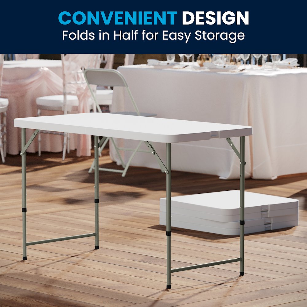 4-Foot Height Adjustable Bi-Fold Granite White Plastic Folding Table. Picture 2