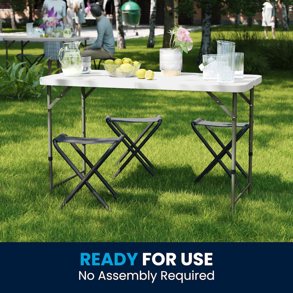 4-Foot Height Adjustable Bi-Fold Granite White Plastic Folding Table. Picture 1