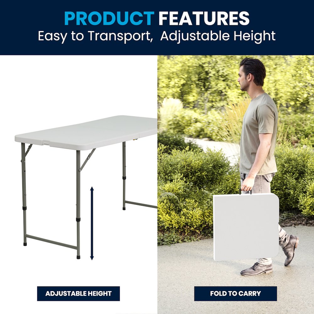 4-Foot Height Adjustable Bi-Fold Granite White Plastic Folding Table. Picture 10