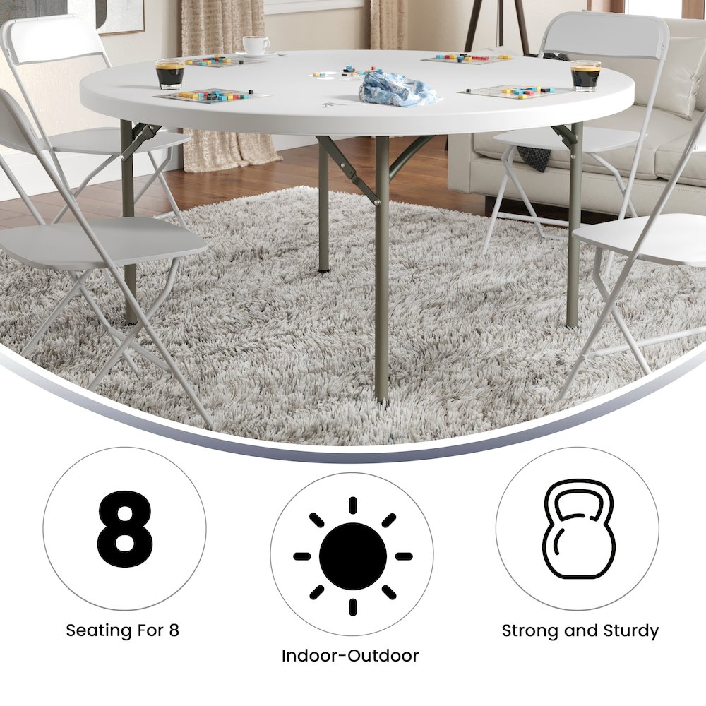 5-Foot Round Granite White Plastic Folding Table. Picture 8