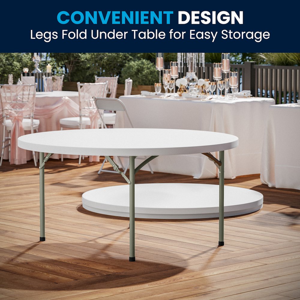5-Foot Round Granite White Plastic Folding Table. Picture 5