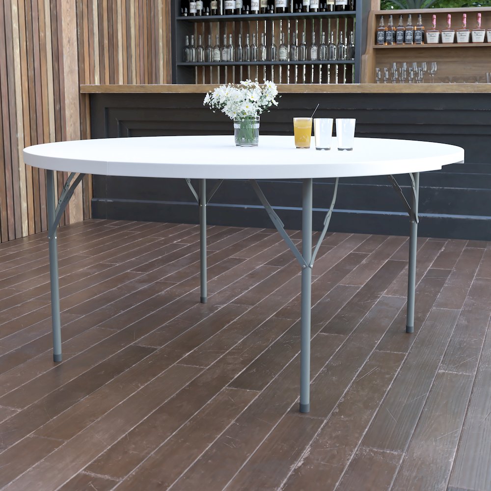 5 - Foot Round Granite White Plastic Folding Table. Picture 5