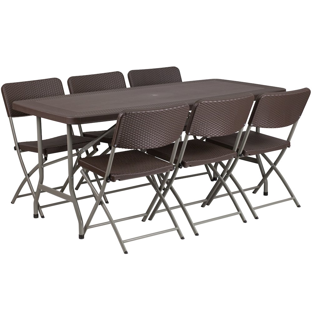 5.62-Foot Brown Rattan Indoor-Outdoor Plastic Folding Table Set with 6 Chairs. Picture 1
