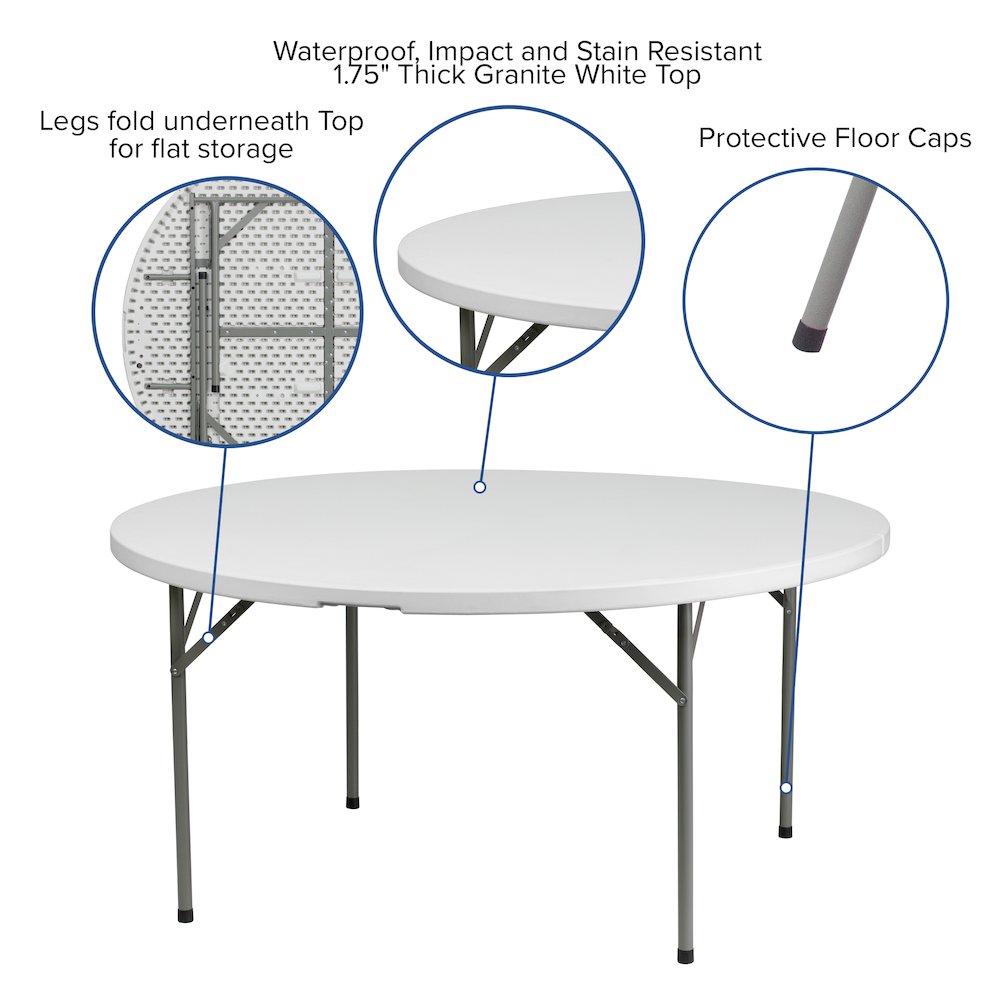 5-Foot Round Granite White Plastic Folding Table. Picture 4
