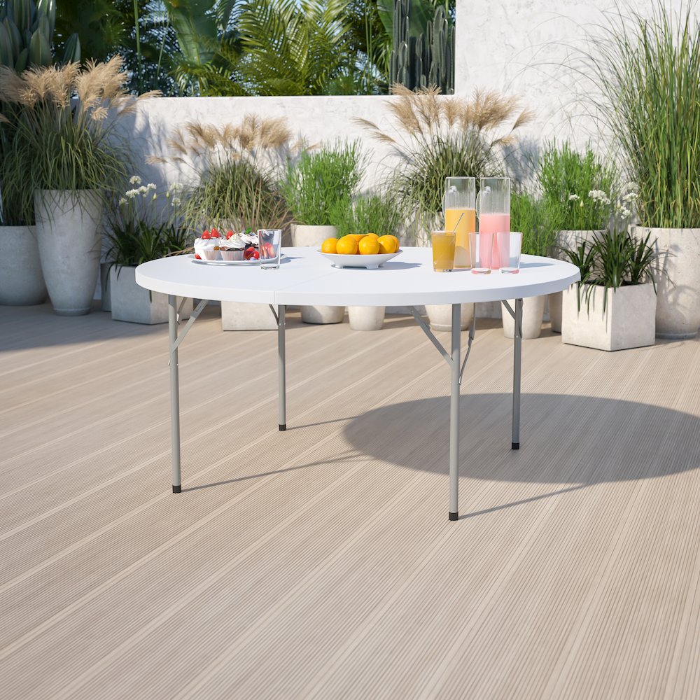 5-Foot Round Granite White Plastic Folding Table. Picture 2
