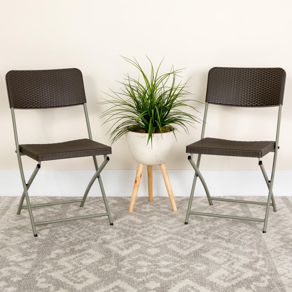 Brown Rattan Plastic Folding Chair with Gray Frame. Picture 16
