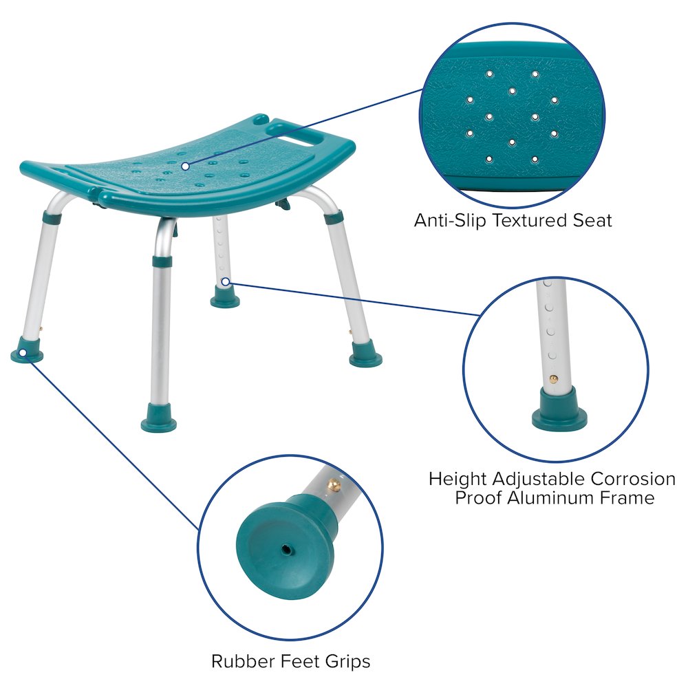 300 Lb. Capacity, Adjustable Teal Bath, Shower Chair with Non-slip Feet. Picture 6