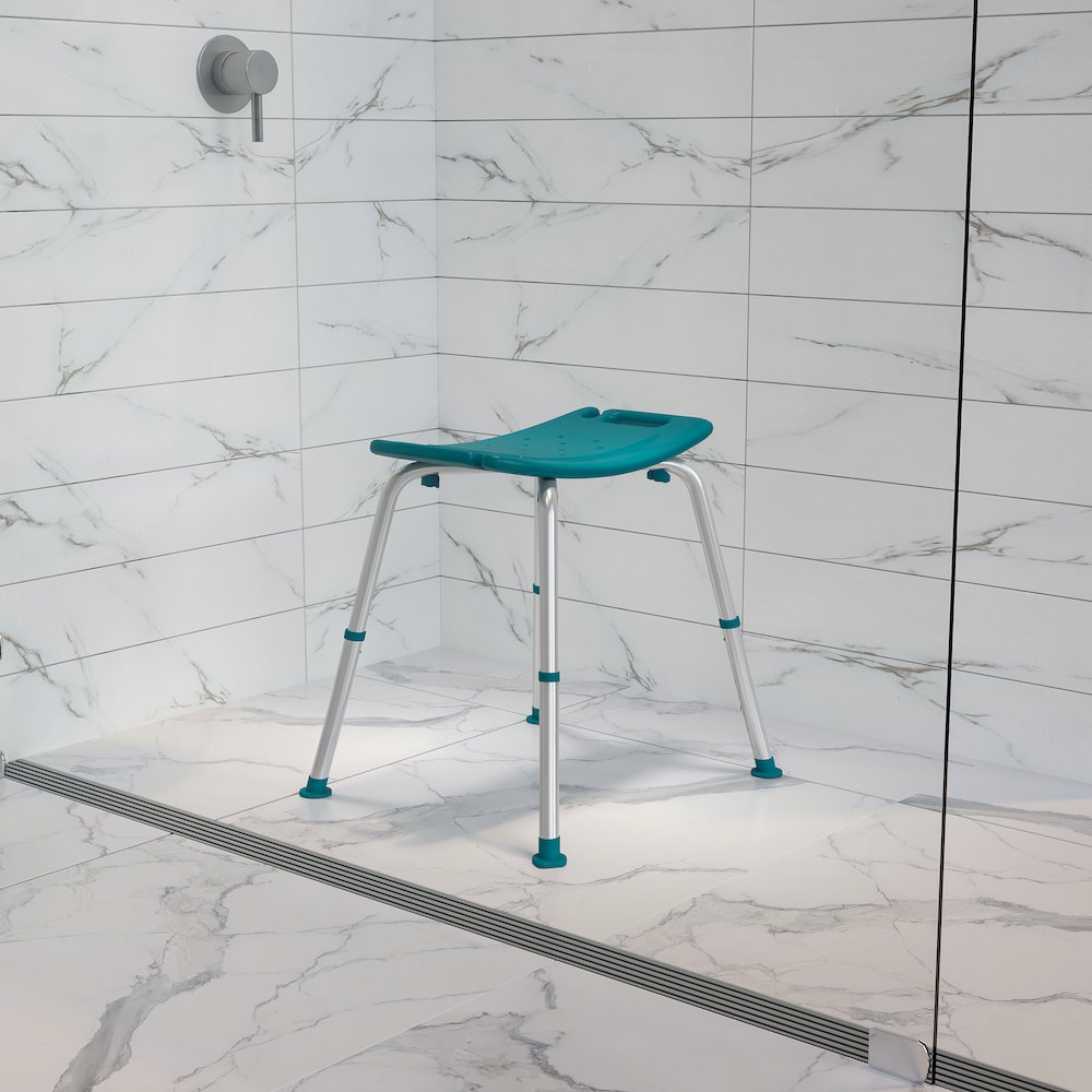 300 Lb. Capacity, Adjustable Teal Bath, Shower Chair with Non-slip Feet. Picture 3