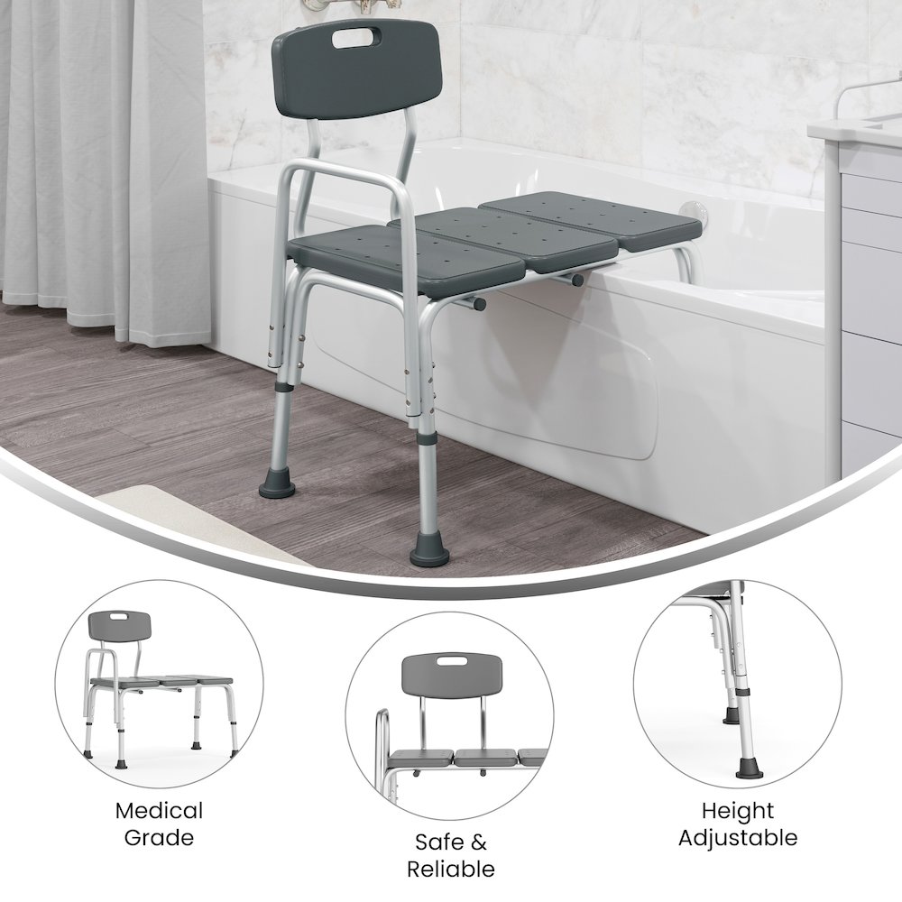 300 Lb. Capacity Adjustable Gray Bath & Shower Transfer Bench and Side Arm. Picture 5