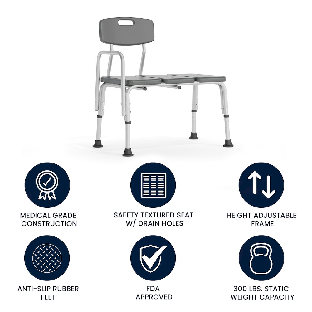 300 Lb. Capacity Adjustable Gray Bath & Shower Transfer Bench and Side Arm. Picture 4