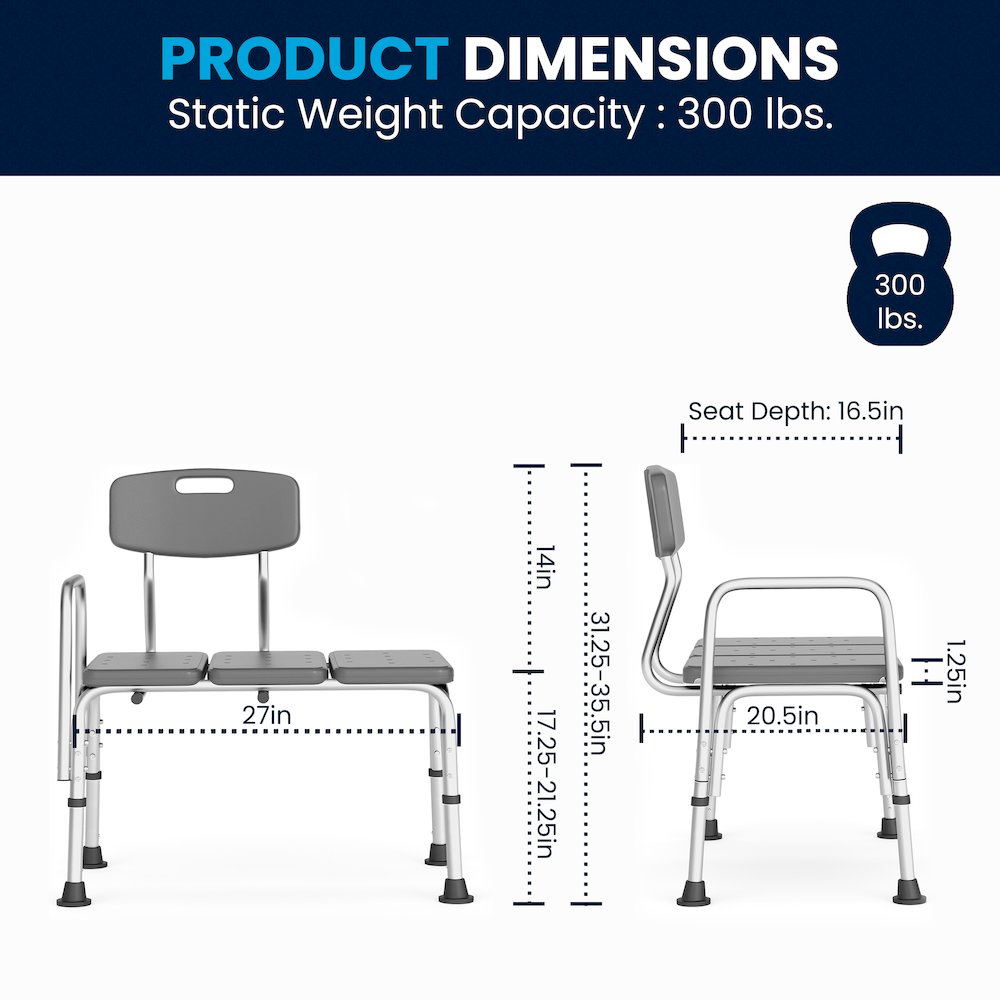 300 Lb. Capacity Adjustable Gray Bath & Shower Transfer Bench and Side Arm. Picture 7