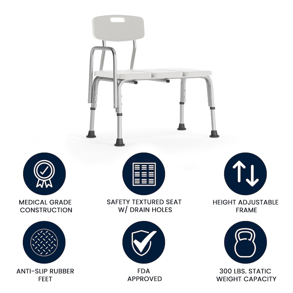 300 Lb. Capacity Adjustable White Bath & Shower Transfer Bench and Side Arm. Picture 4