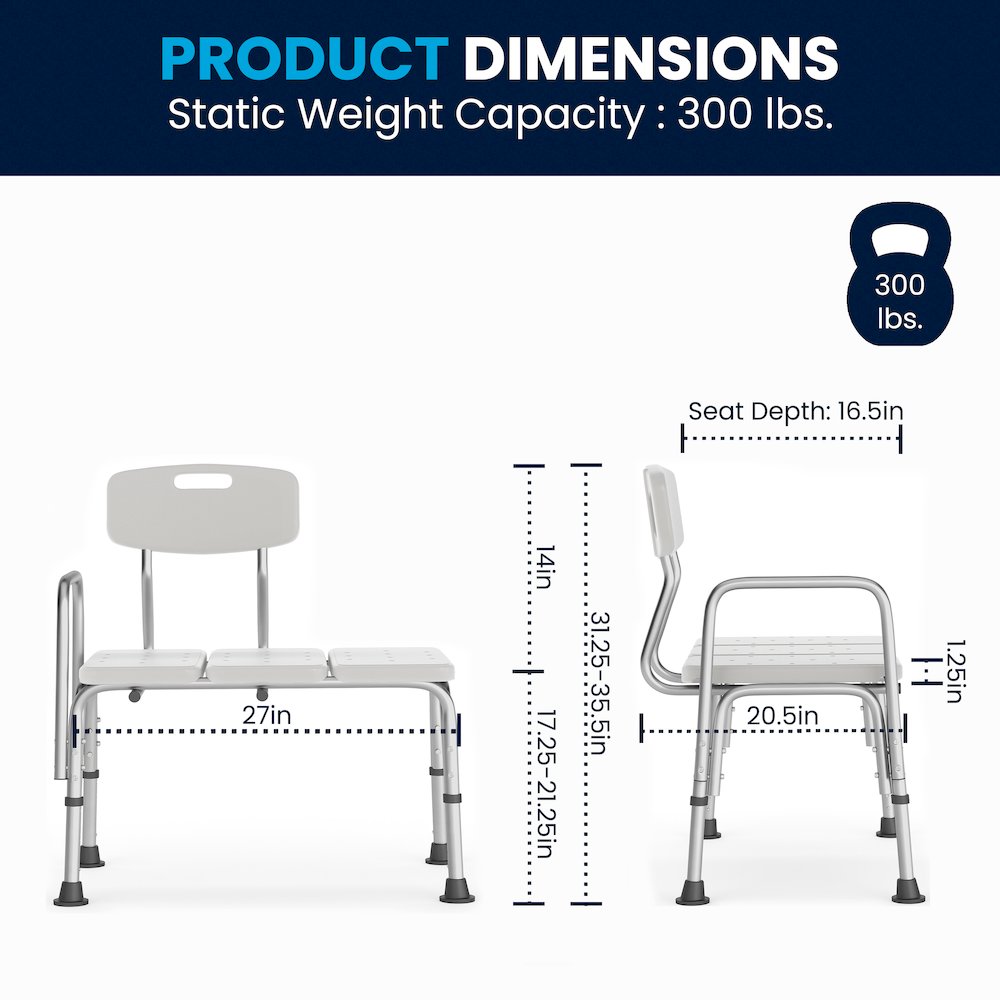 300 Lb. Capacity Adjustable White Bath & Shower Transfer Bench and Side Arm. Picture 7