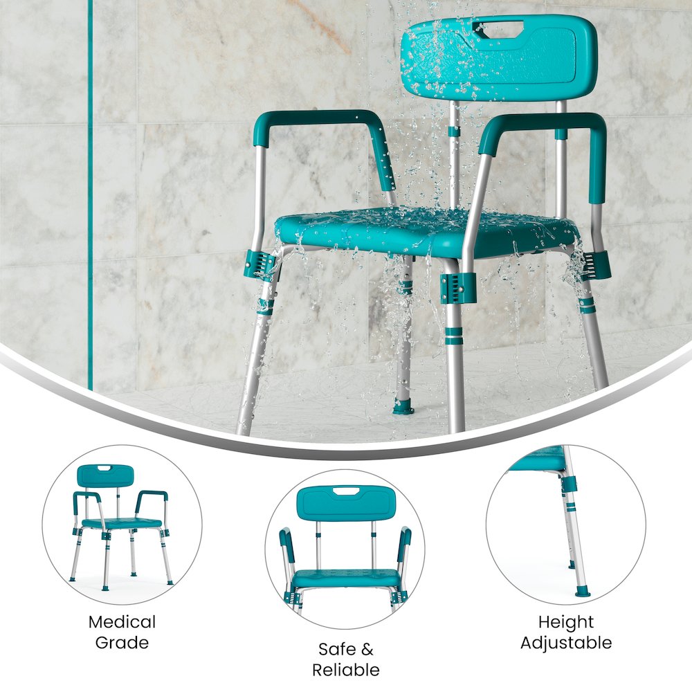 300 Lb. Capacity Adjustable Teal Bath, Shower Chair with Quick Release Back. Picture 5