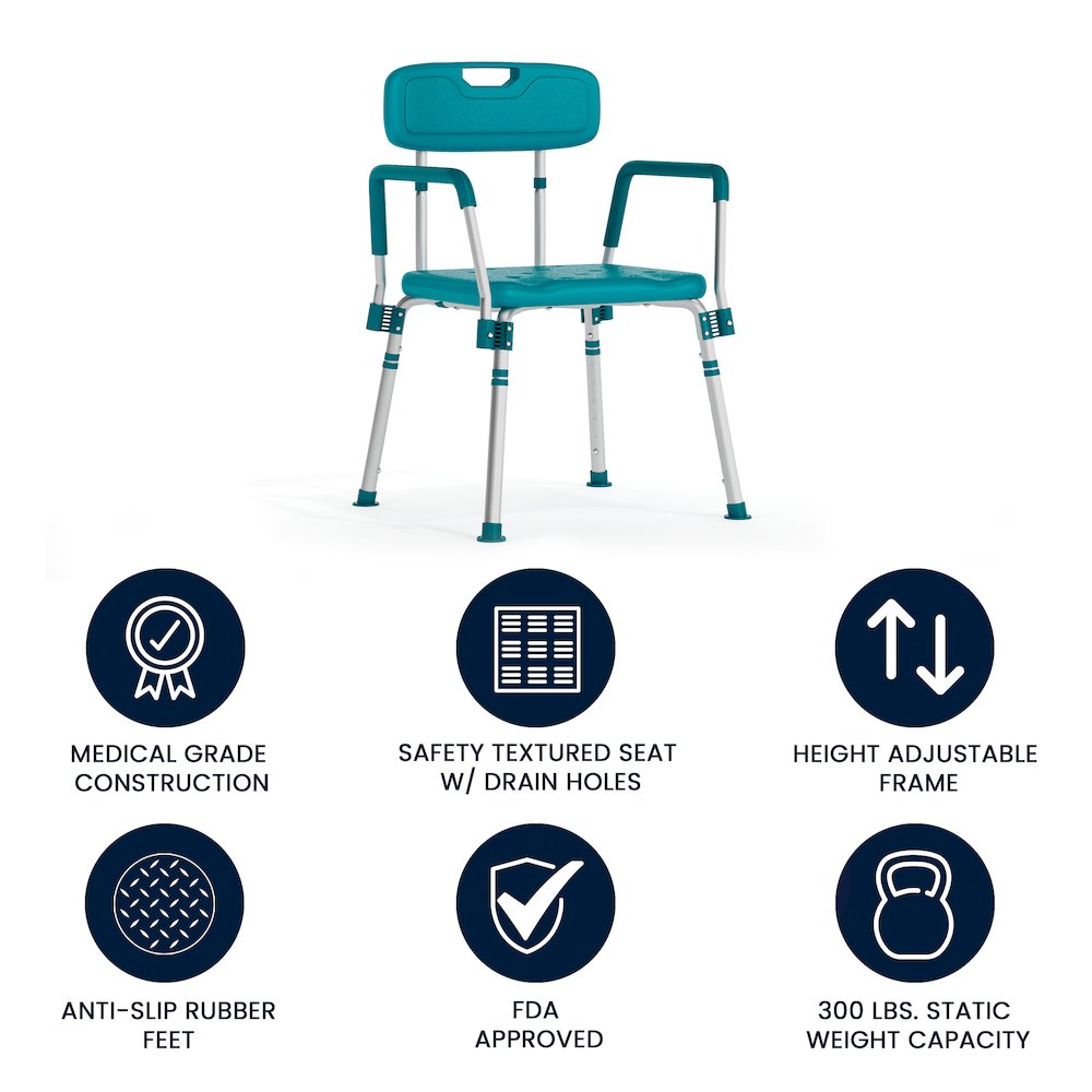 300 Lb. Capacity Adjustable Teal Bath, Shower Chair with Quick Release Back. Picture 4