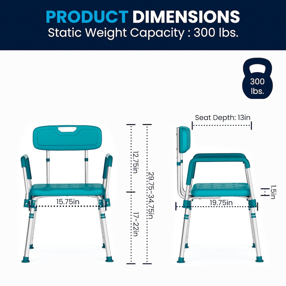 300 Lb. Capacity Adjustable Teal Bath, Shower Chair with Quick Release Back. Picture 7