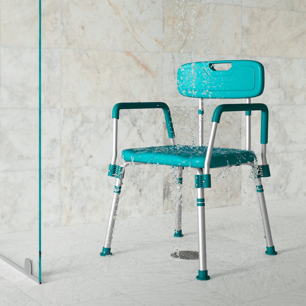300 Lb. Capacity Adjustable Teal Bath, Shower Chair with Quick Release Back. Picture 2