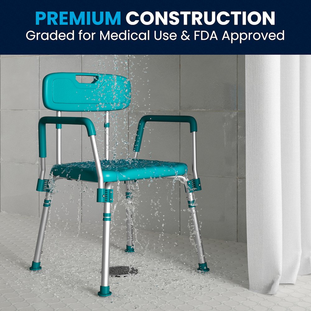 300 Lb. Capacity Adjustable Teal Bath, Shower Chair with Quick Release Back. Picture 8