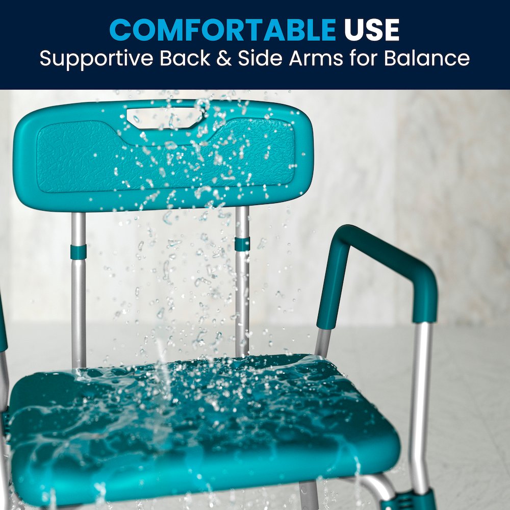 300 Lb. Capacity Adjustable Teal Bath, Shower Chair with Quick Release Back. Picture 9
