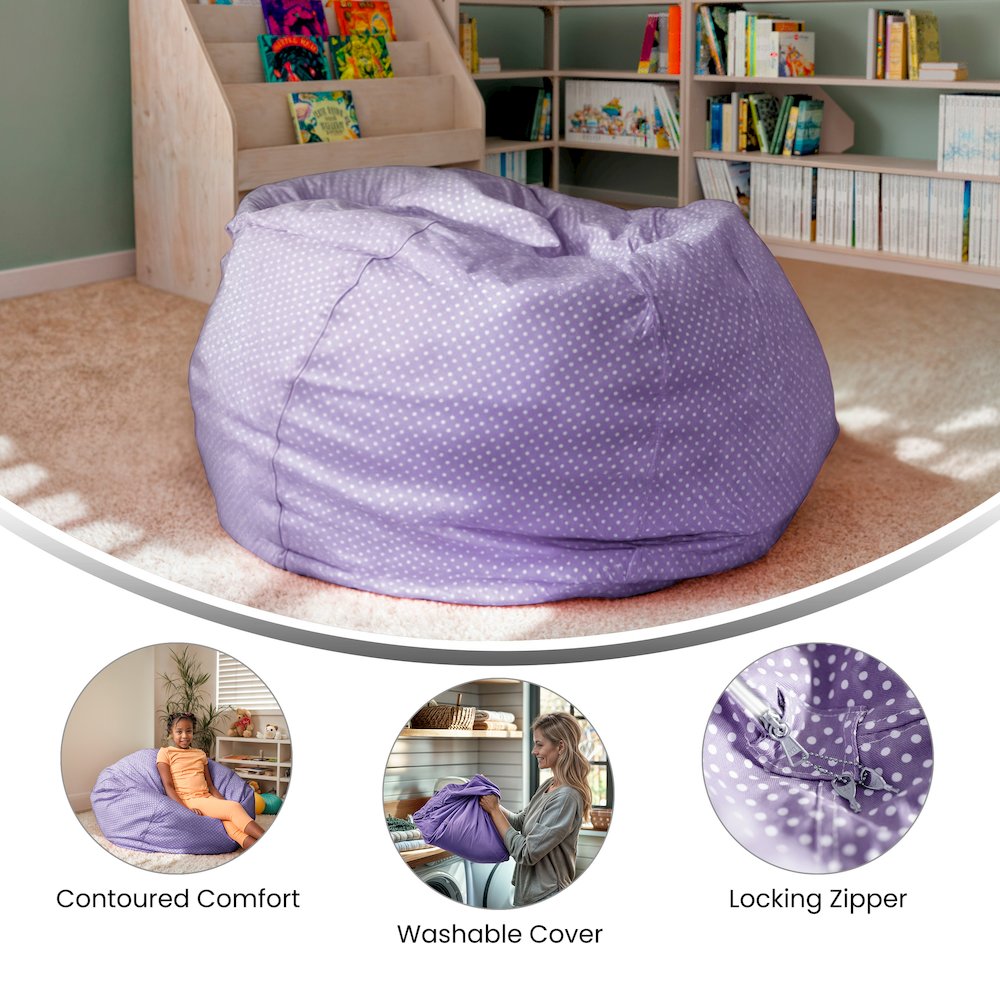 Oversized Lavender Dot Refillable Bean Bag Chair for All Ages. Picture 6