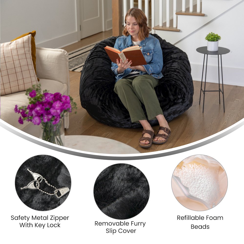 Duncan Oversized Black Furry Refillable Bean Bag Chair for All Ages. Picture 5