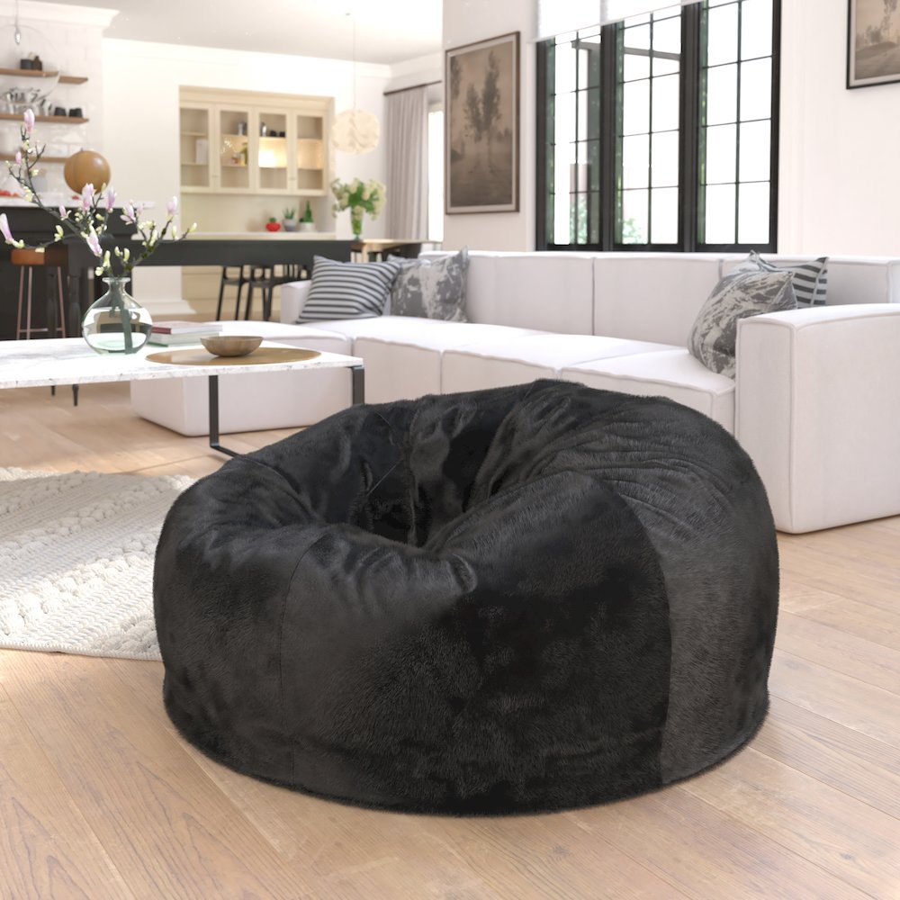 Duncan Oversized Black Furry Refillable Bean Bag Chair for All Ages. Picture 2
