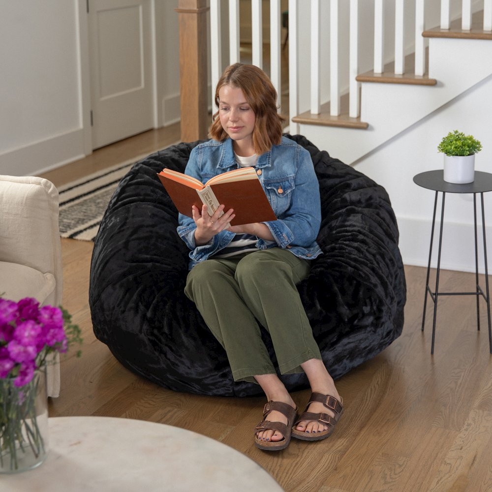 Duncan Oversized Black Furry Refillable Bean Bag Chair for All Ages. Picture 3