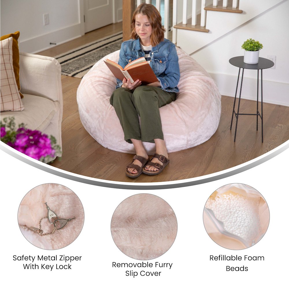 Duncan Oversized Blush Furry Refillable Bean Bag Chair for All Ages. Picture 5